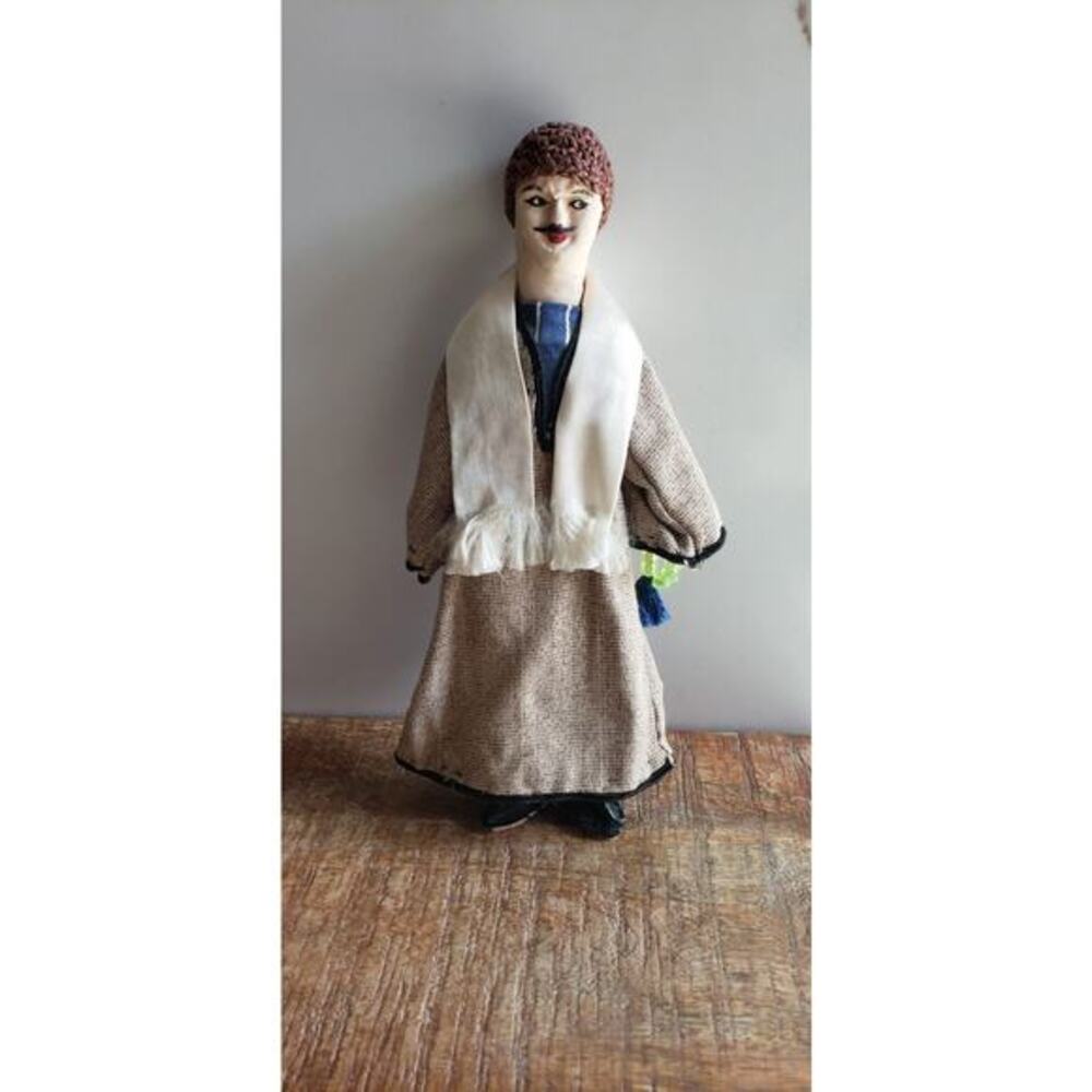 Vintage Folk Art Cloth Doll Signed Walter Kaye Handmade Fabric Robe Yarn Hair